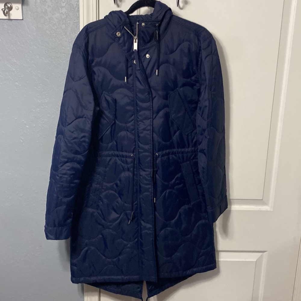 Gap ladies Tall medium hooded quilted light parka, navy EUC